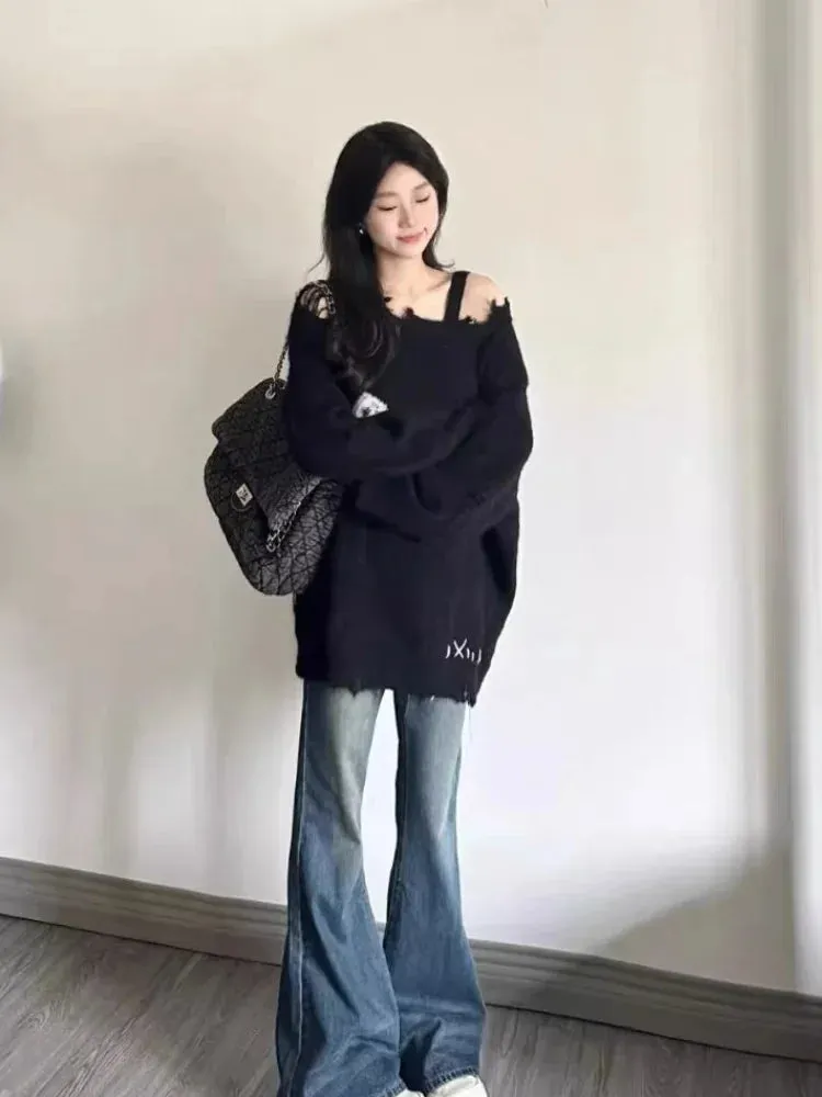 Girlary Women's Black Gothic Pullover Knitted Sweater Harajuku Korean Y2k Long Sleeves Jumper Sweaters Vintage 2000s Clothes 2024 Autumn