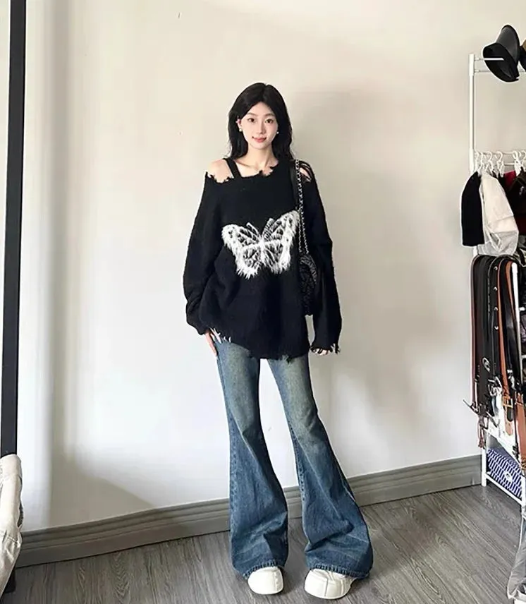 Girlary Women's Black Gothic Pullover Knitted Sweater Harajuku Korean Y2k Long Sleeves Jumper Sweaters Vintage 2000s Clothes 2024 Autumn