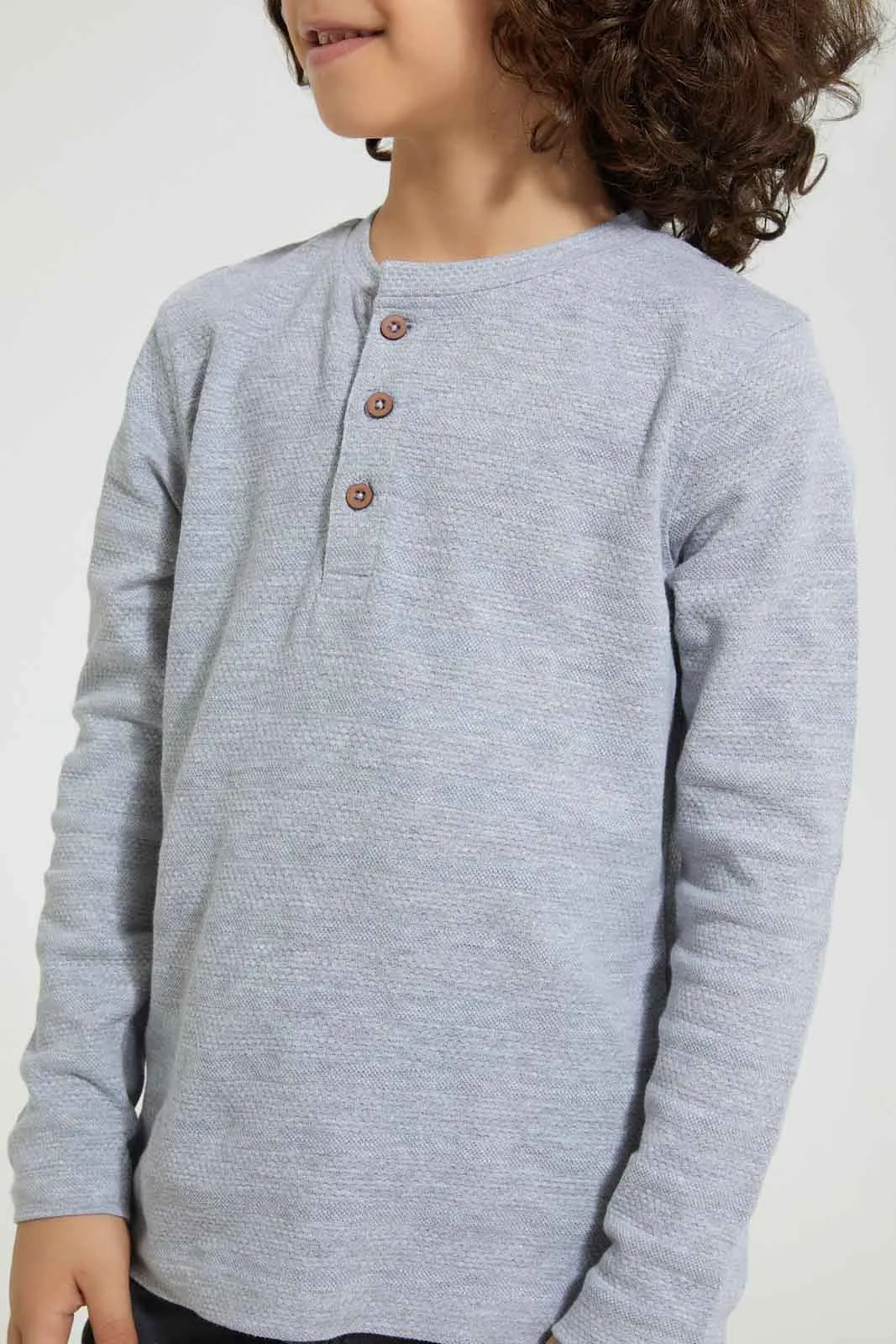 Grey Long Sleeved Henley T-Shirt