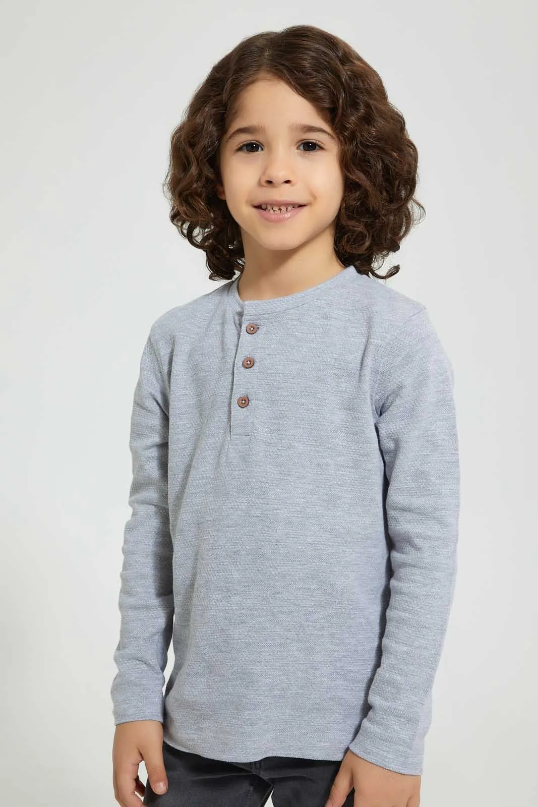 Grey Long Sleeved Henley T-Shirt