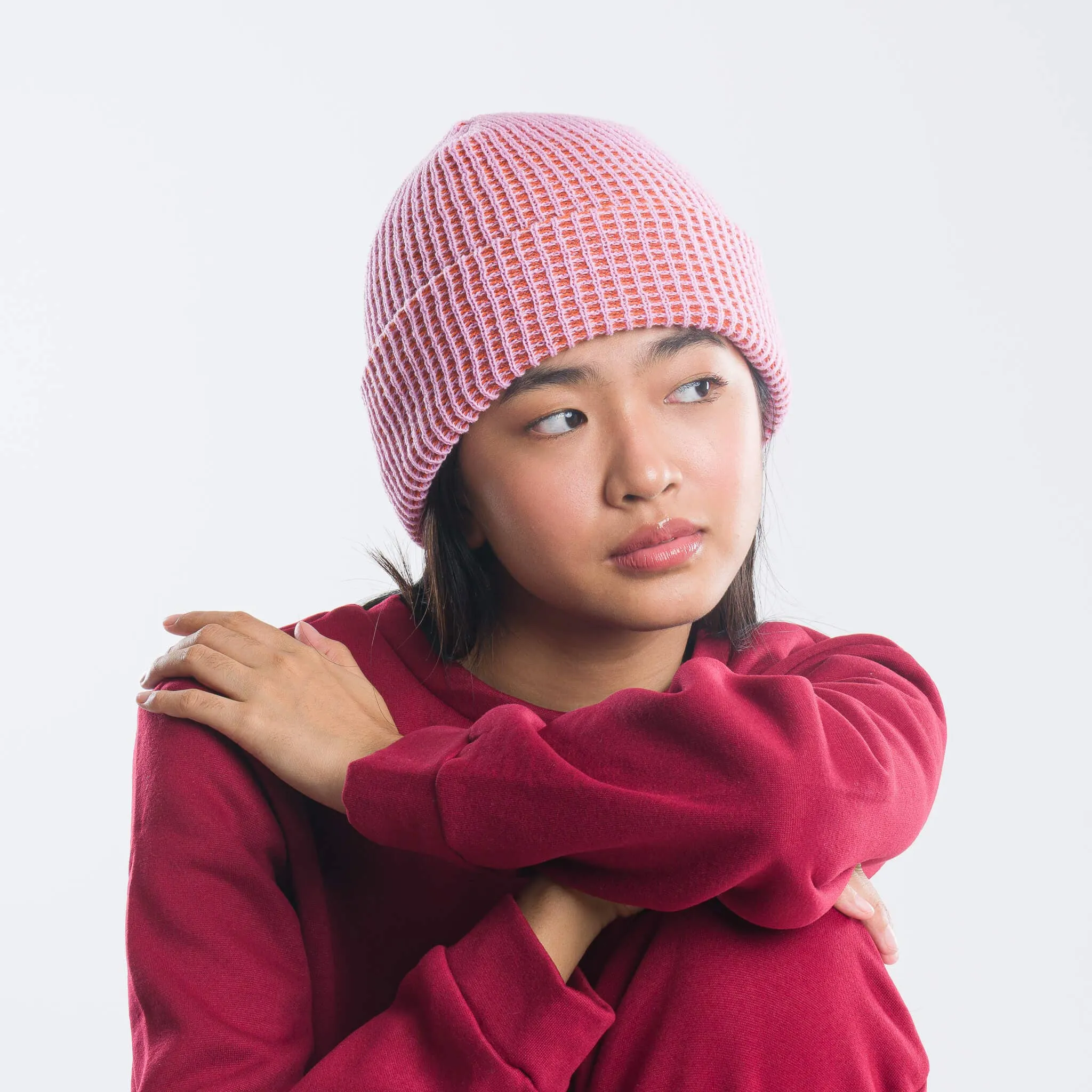 Grid Knit Beanie - Lime Pink
