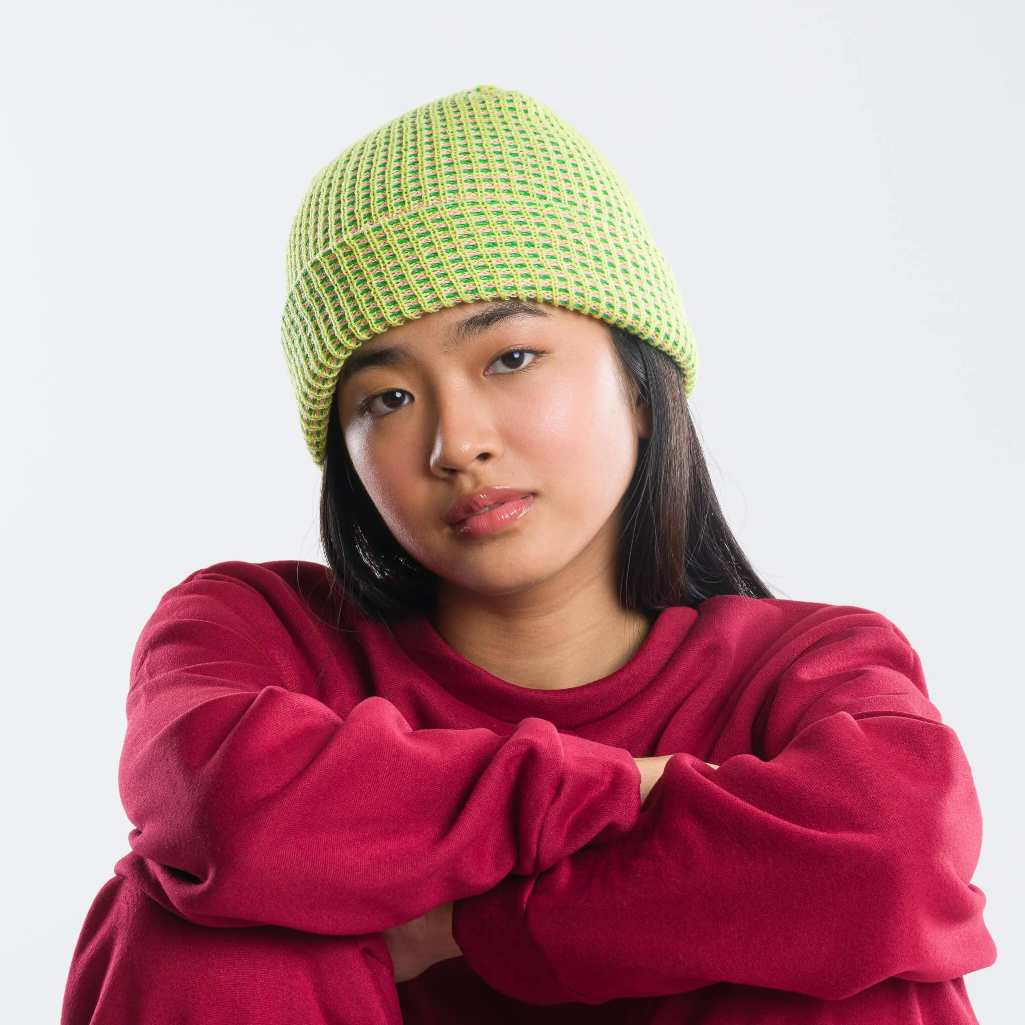 Grid Knit Beanie - Lime Pink