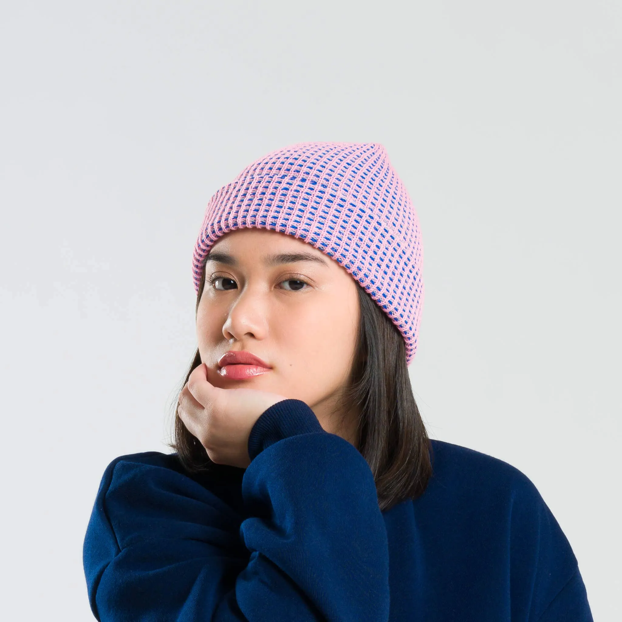 Grid Knit Beanie - Lime Pink