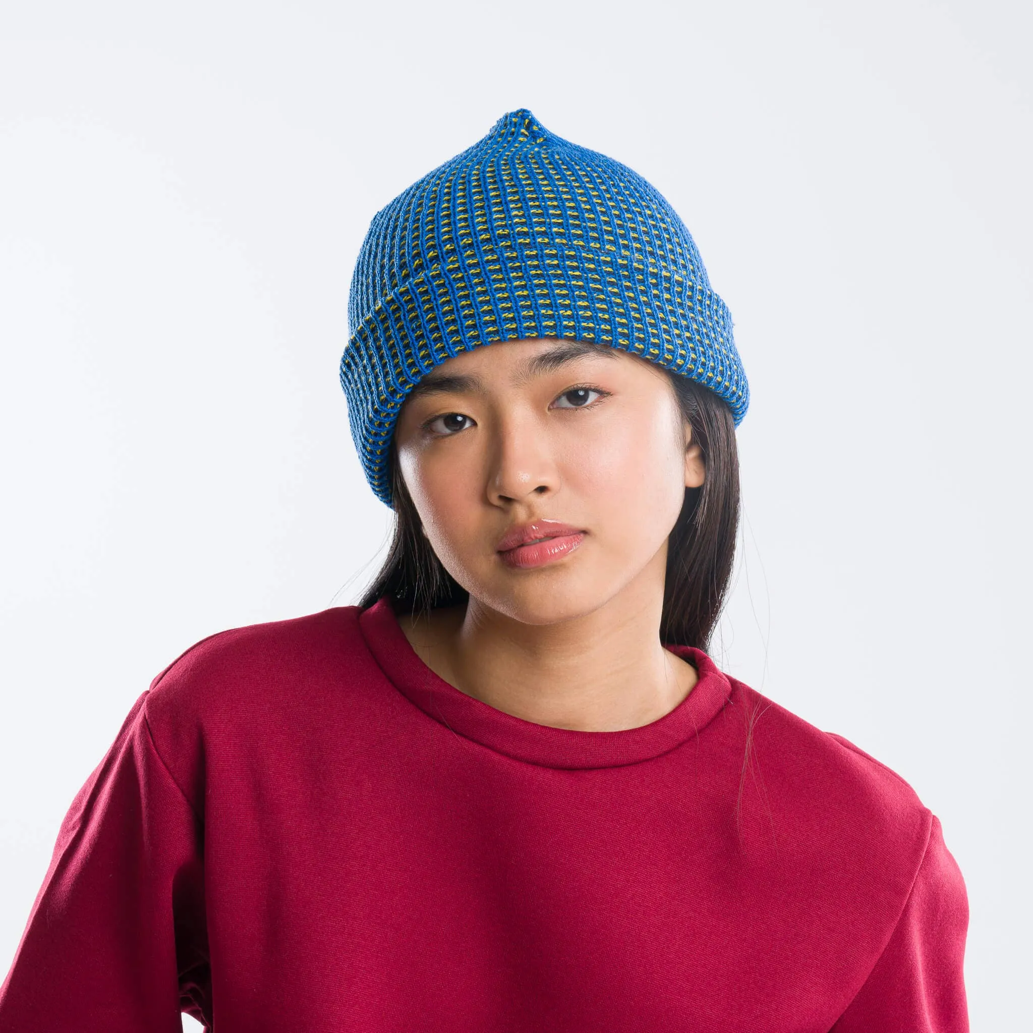 Grid Knit Beanie - Lime Pink