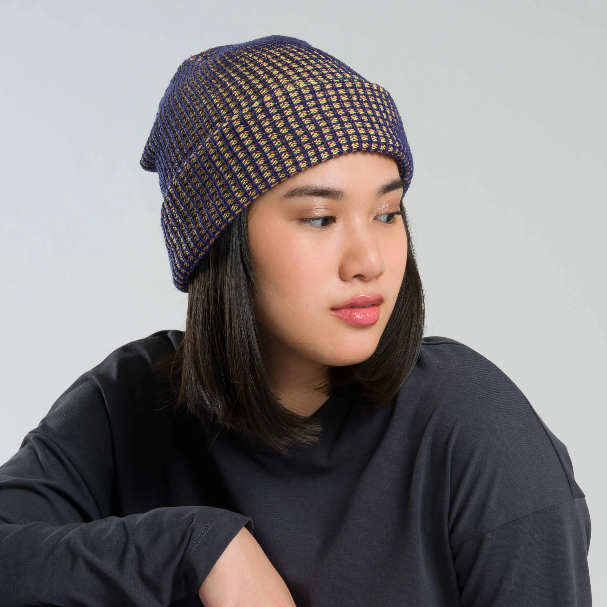 Grid Knit Beanie - Lime Pink