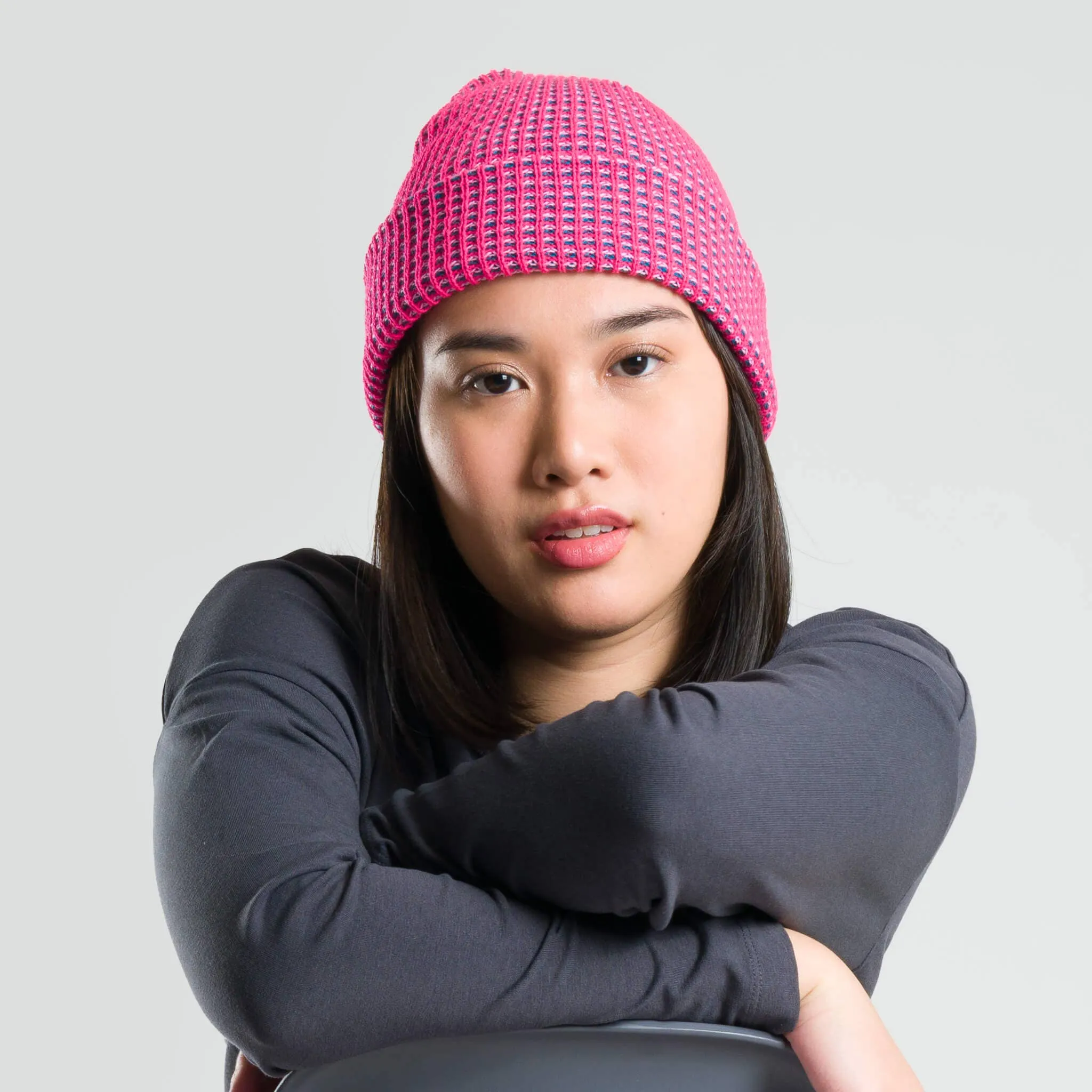 Grid Knit Beanie - Lime Pink