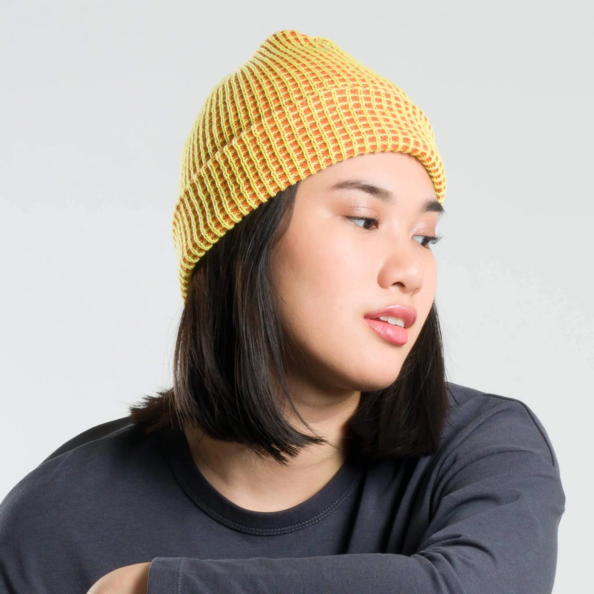 Grid Knit Beanie - Lime Pink