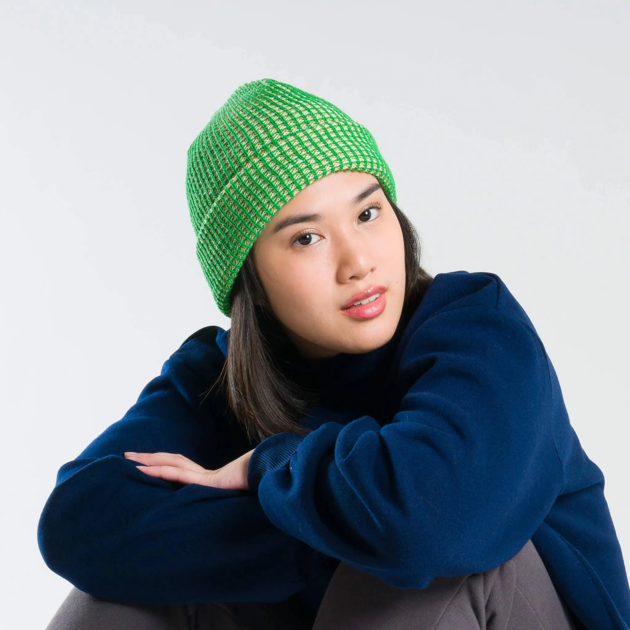Grid Knit Beanie - Lime Pink