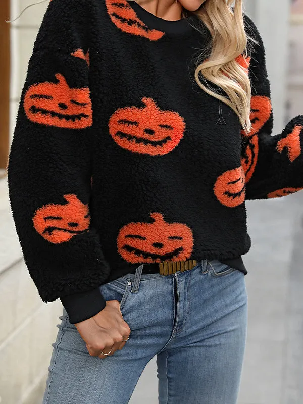 Halloween Print Plush Loose Pullover Sweatshirt