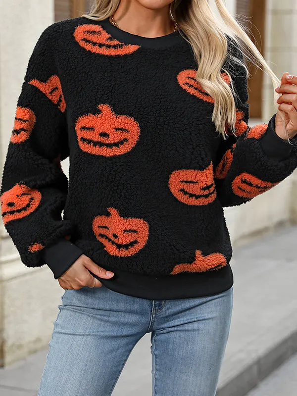 Halloween Print Plush Loose Pullover Sweatshirt