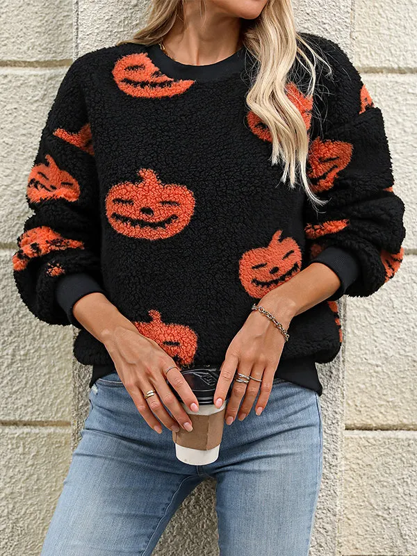 Halloween Print Plush Loose Pullover Sweatshirt