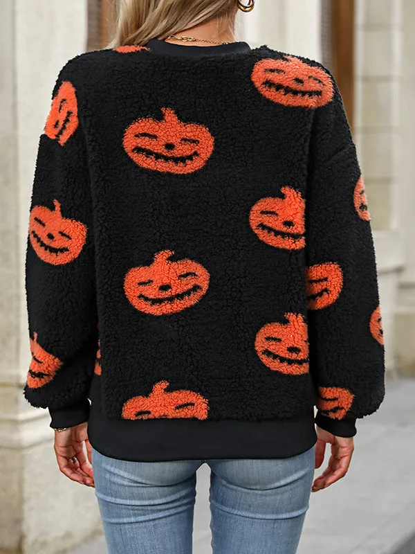 Halloween Print Plush Loose Pullover Sweatshirt
