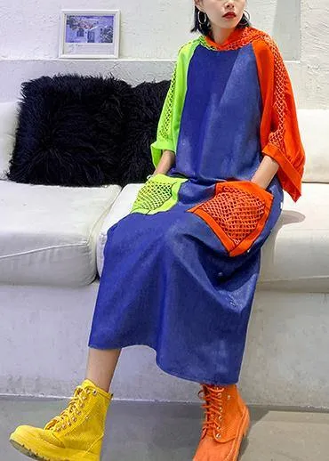 Handmade blue cotton clothes hooded pockets Plus Size summer Dress