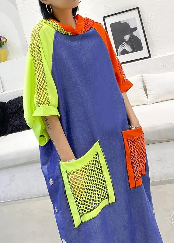 Handmade blue cotton clothes hooded pockets Plus Size summer Dress
