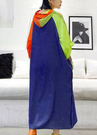 Handmade blue cotton clothes hooded pockets Plus Size summer Dress