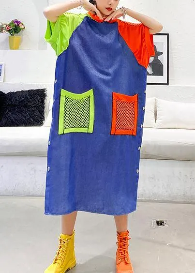 Handmade blue cotton clothes hooded pockets Plus Size summer Dress