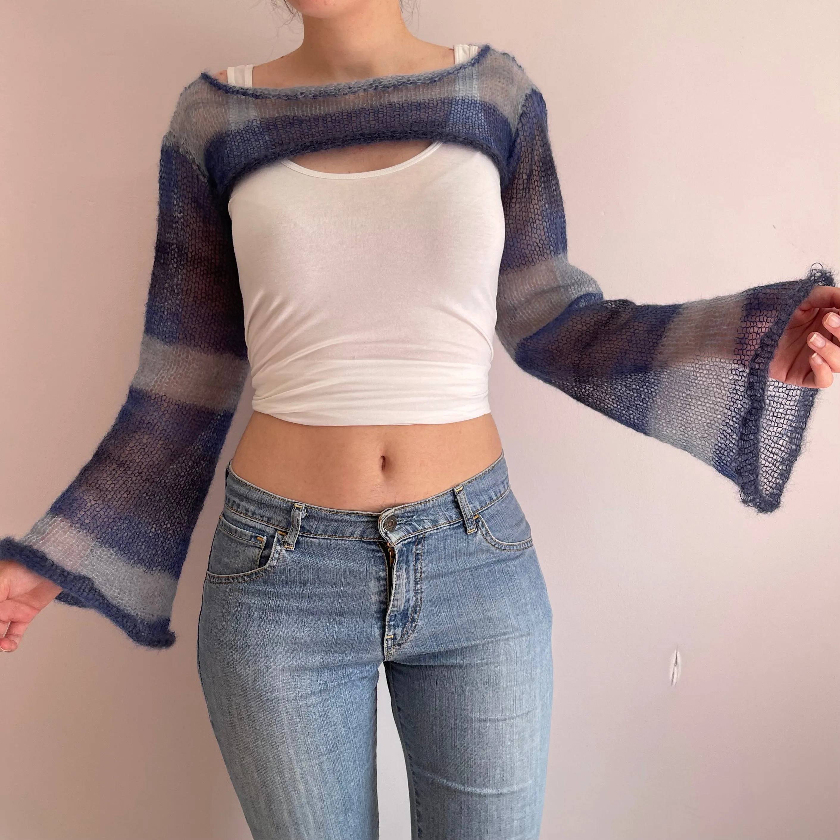 Handmade knitted ultra cropped mohair jumper / bolero in stripy blue