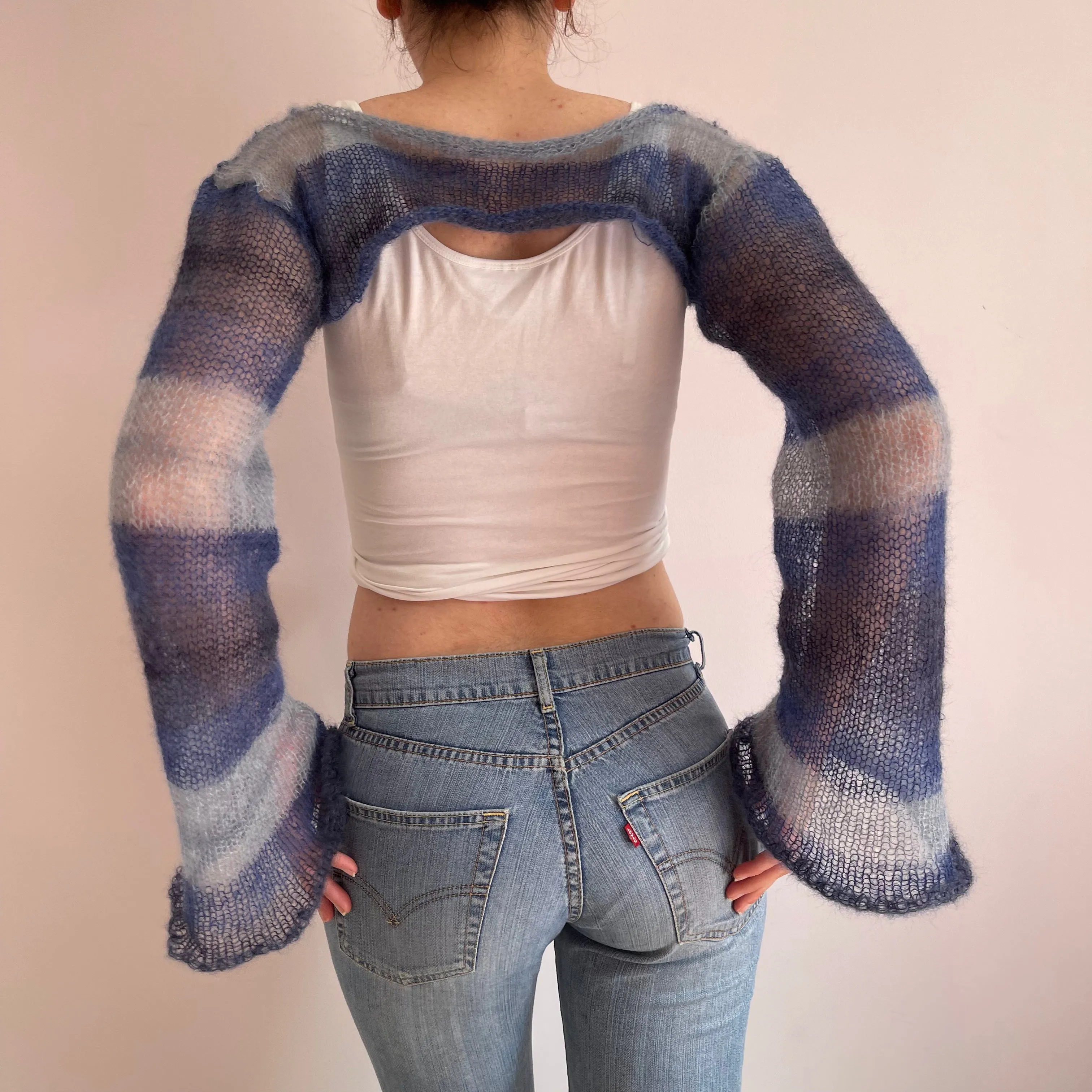 Handmade knitted ultra cropped mohair jumper / bolero in stripy blue