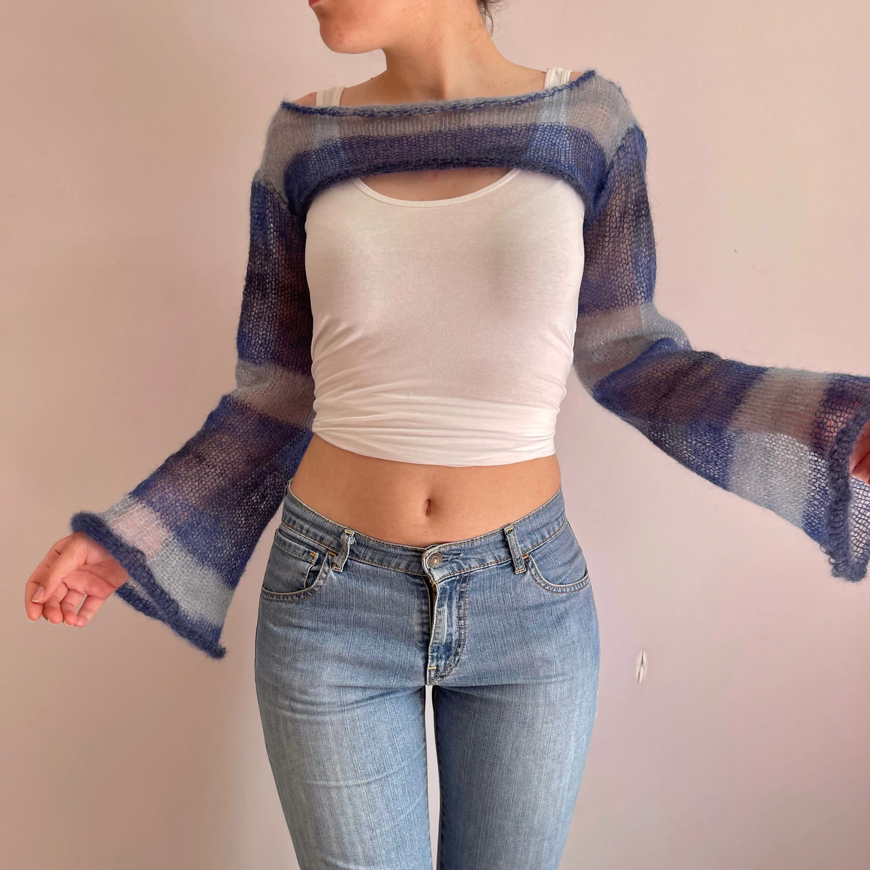 Handmade knitted ultra cropped mohair jumper / bolero in stripy blue