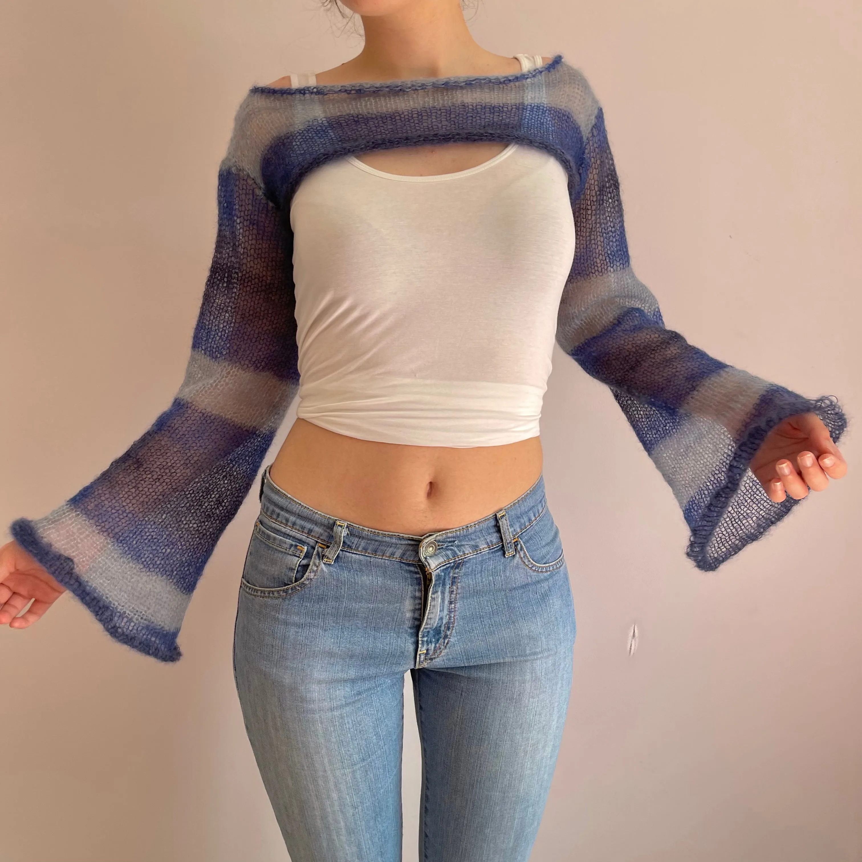 Handmade knitted ultra cropped mohair jumper / bolero in stripy blue
