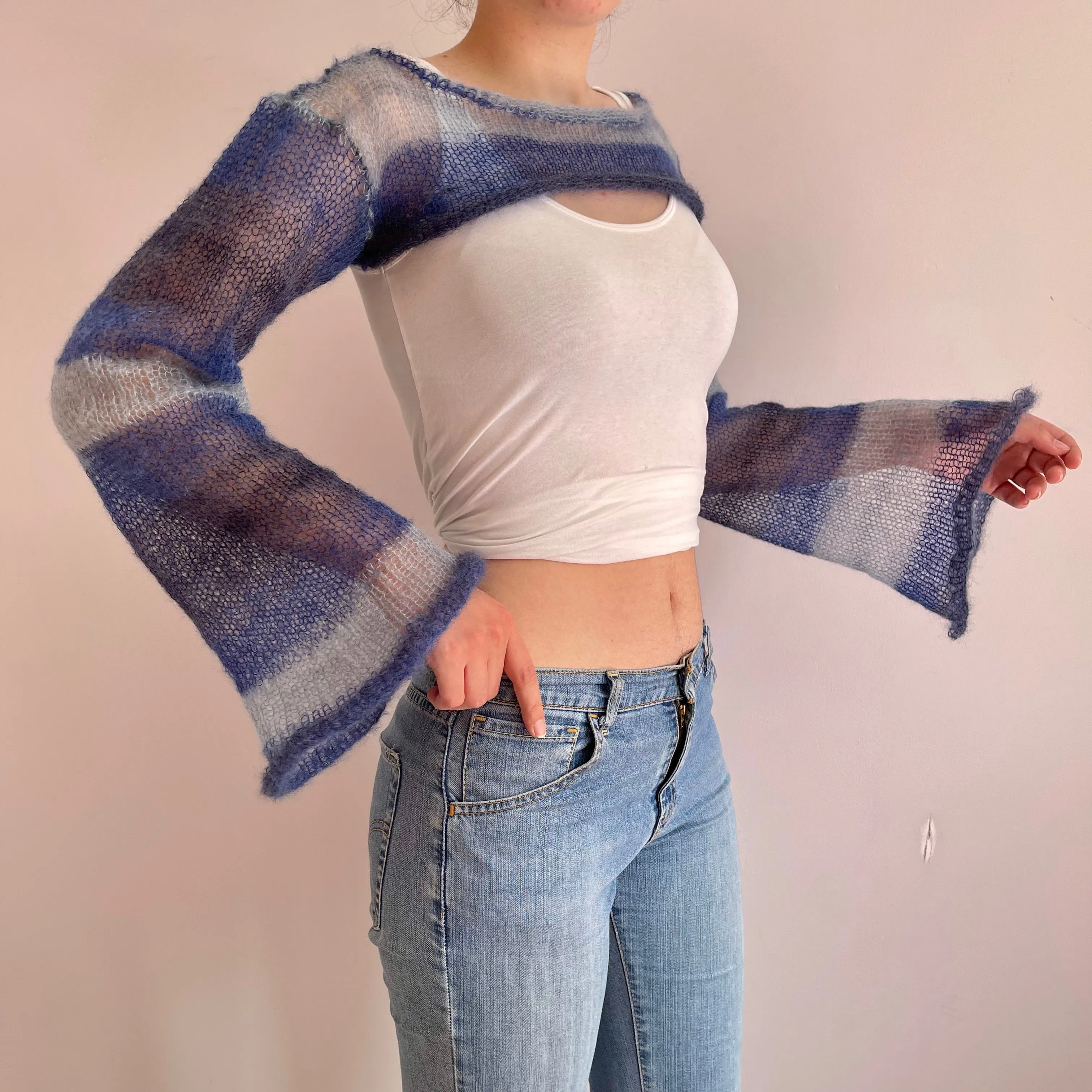 Handmade knitted ultra cropped mohair jumper / bolero in stripy blue