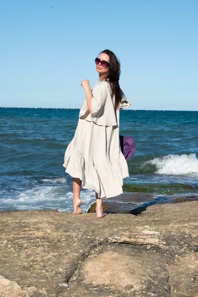 IZIDA Linen Long Flounces Dress