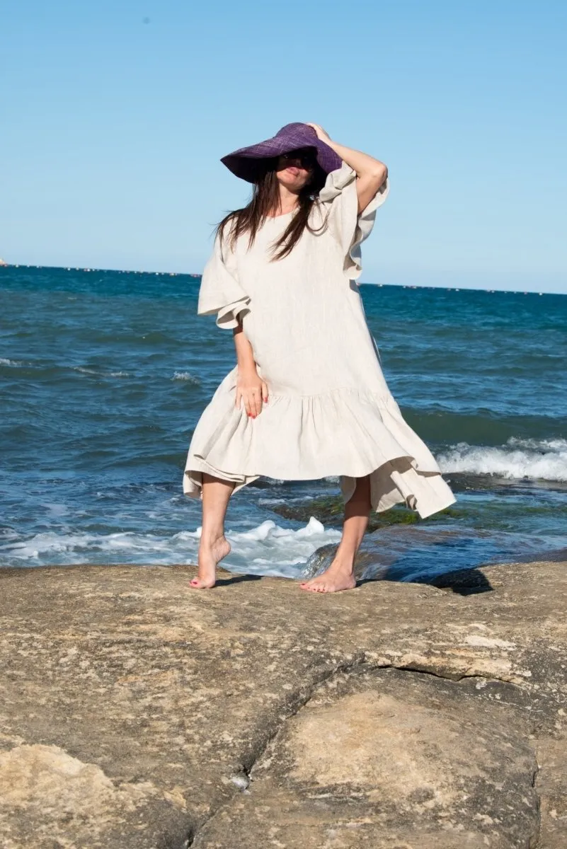IZIDA Linen Long Flounces Dress