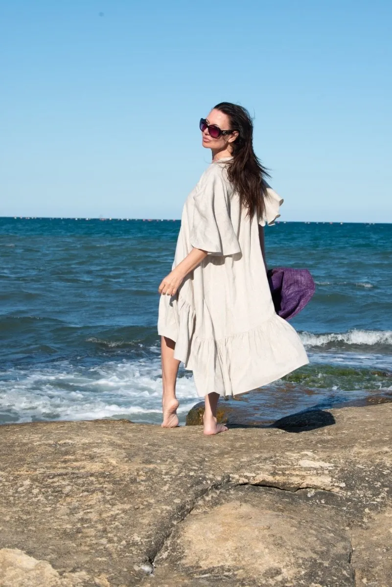 IZIDA Linen Long Flounces Dress