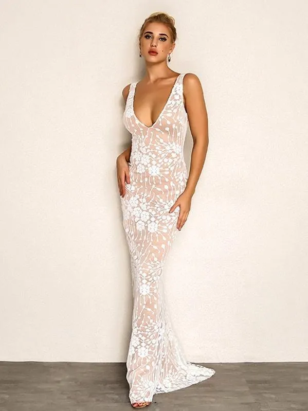 Joyfunear Cluster Sequin Mesh Overlay Plunging Maxi Dress