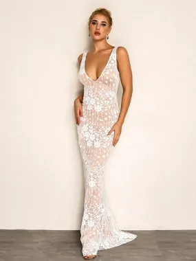 Joyfunear Cluster Sequin Mesh Overlay Plunging Maxi Dress