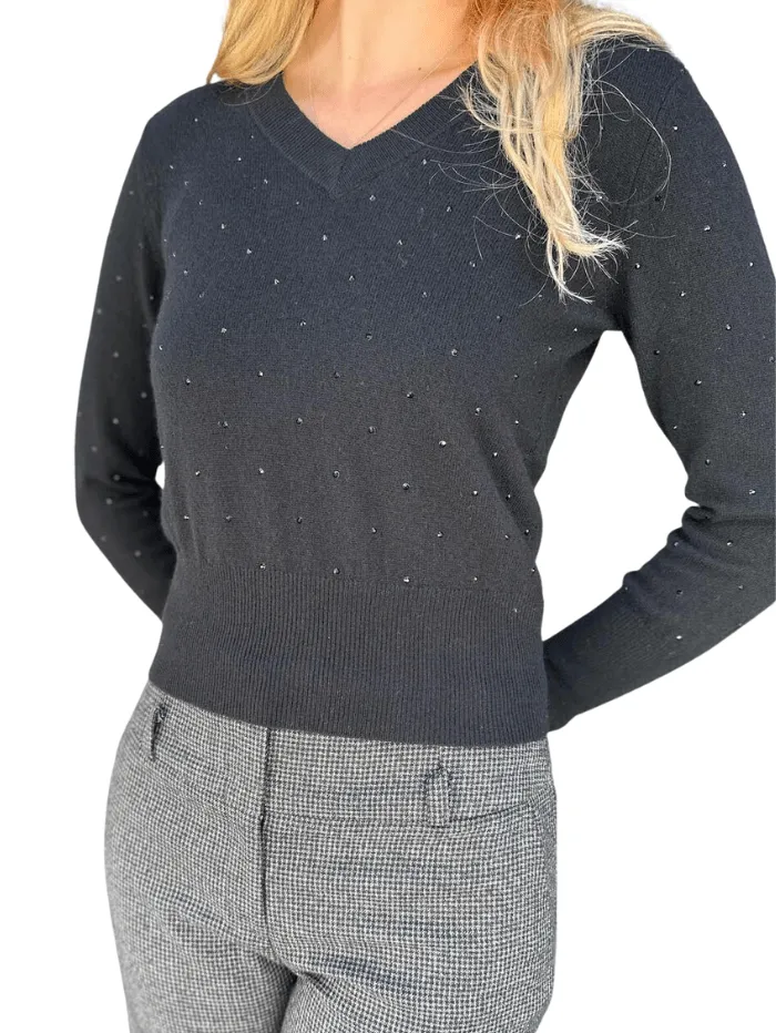 Kinross Cashmere Crystal Vee Jumper In Black LFSC3 295