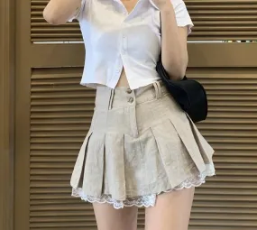 Lace Trim High Waisted Pleated Mini Skirt | Khaki Skirts For Girls | Casual Skirt | Preppy Style Short Skirts | Women Front Button Up Skirts