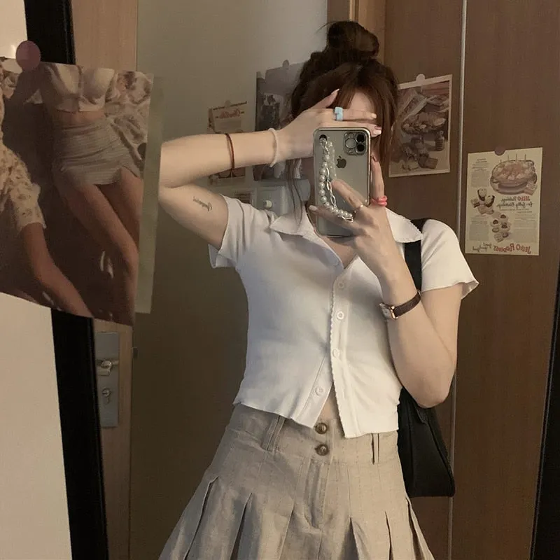 Lace Trim High Waisted Pleated Mini Skirt | Khaki Skirts For Girls | Casual Skirt | Preppy Style Short Skirts | Women Front Button Up Skirts