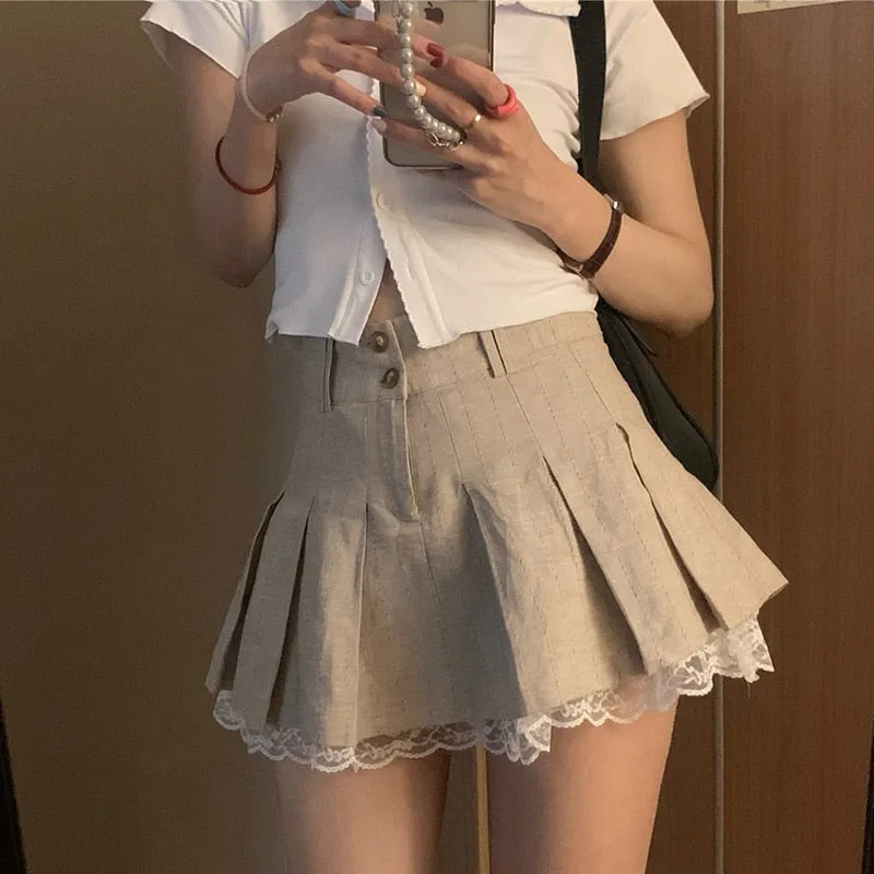 Lace Trim High Waisted Pleated Mini Skirt | Khaki Skirts For Girls | Casual Skirt | Preppy Style Short Skirts | Women Front Button Up Skirts