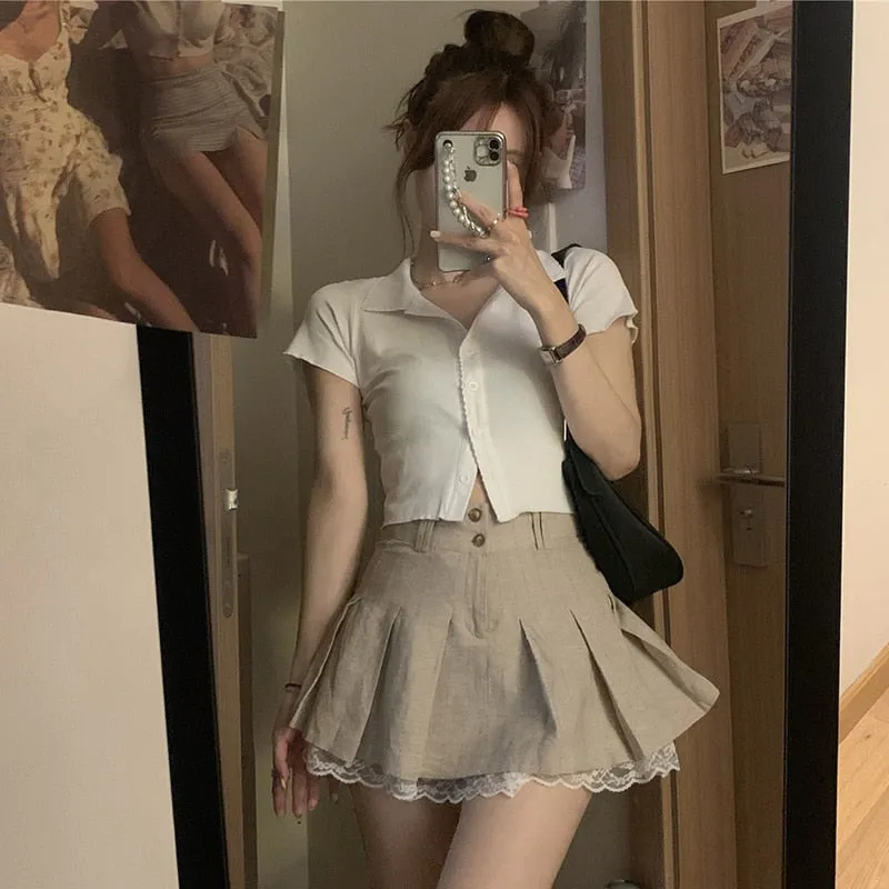 Lace Trim High Waisted Pleated Mini Skirt | Khaki Skirts For Girls | Casual Skirt | Preppy Style Short Skirts | Women Front Button Up Skirts