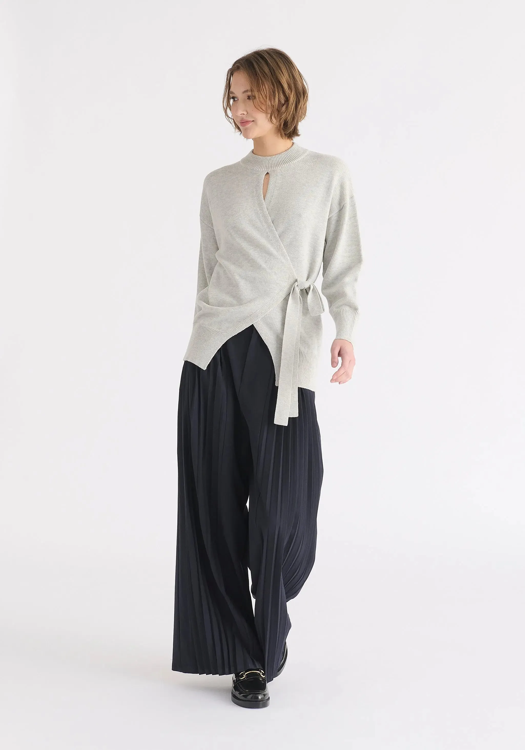 Light Grey Open Front Mock Neck Wrap Jumper