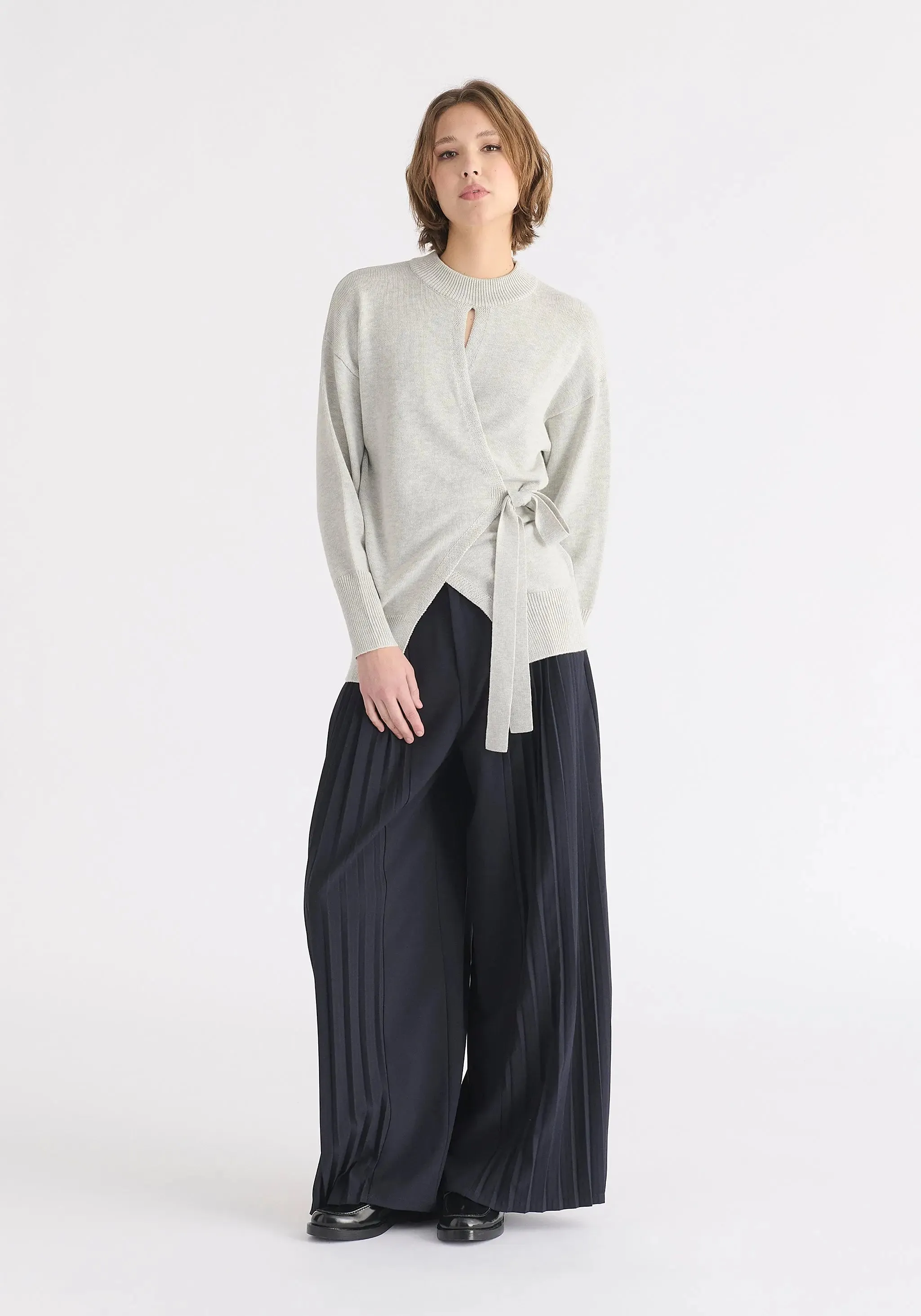 Light Grey Open Front Mock Neck Wrap Jumper