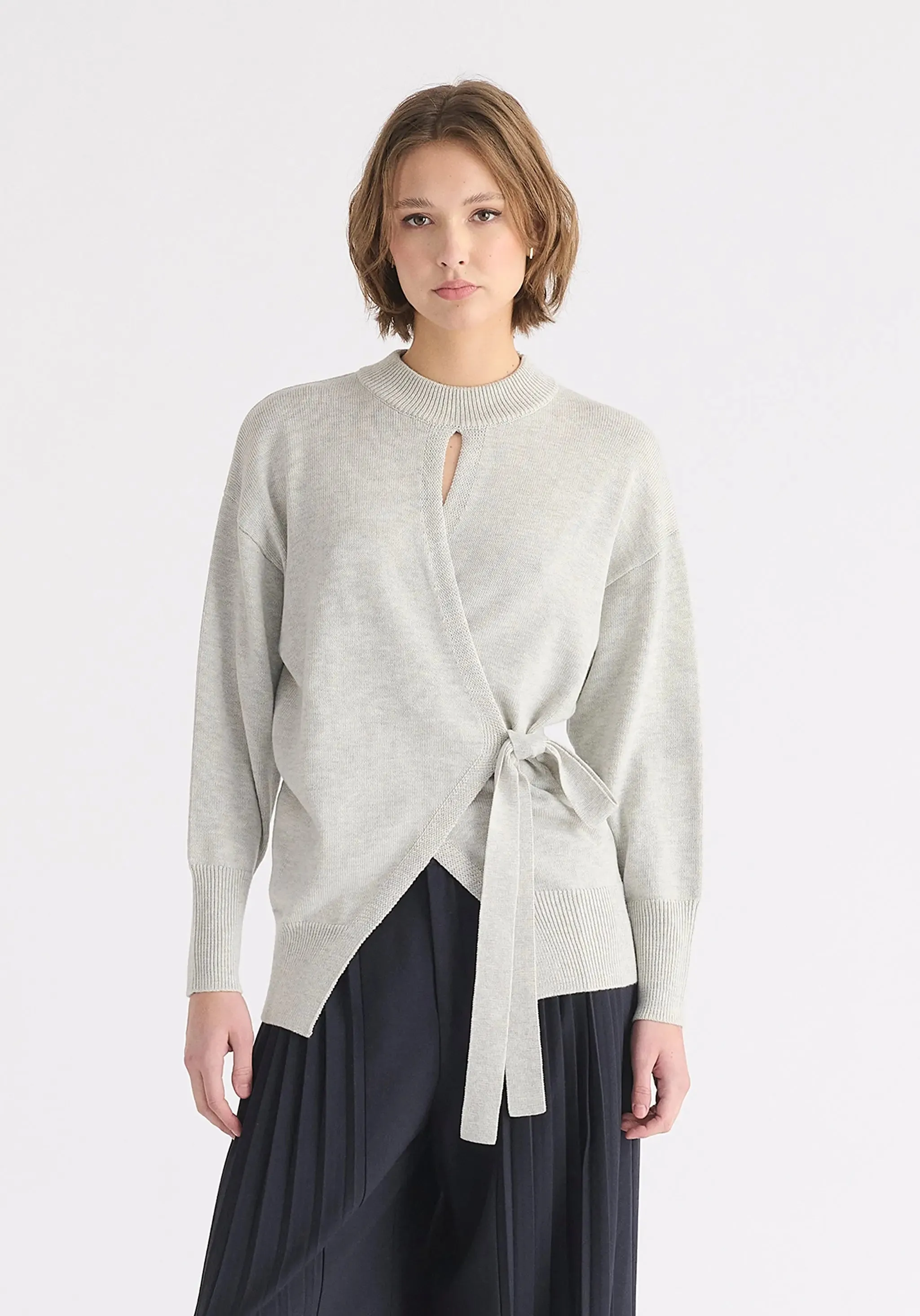 Light Grey Open Front Mock Neck Wrap Jumper