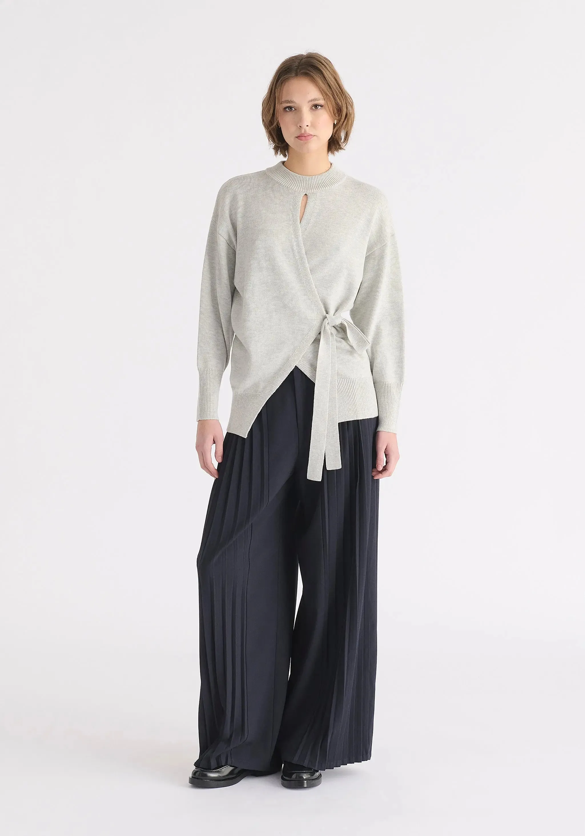 Light Grey Open Front Mock Neck Wrap Jumper