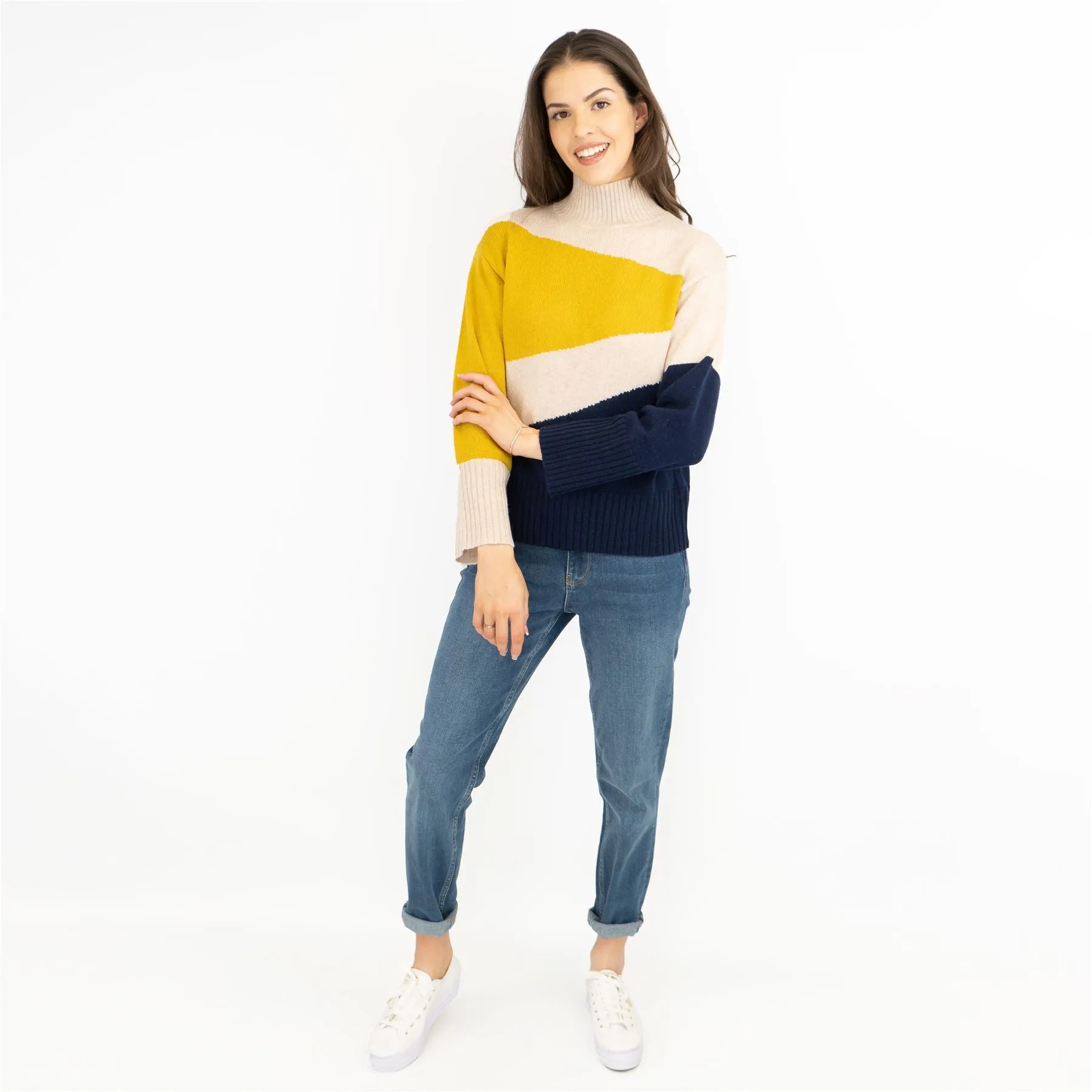 M&S Colour Block Funnel Neck Wool Blend Jumper