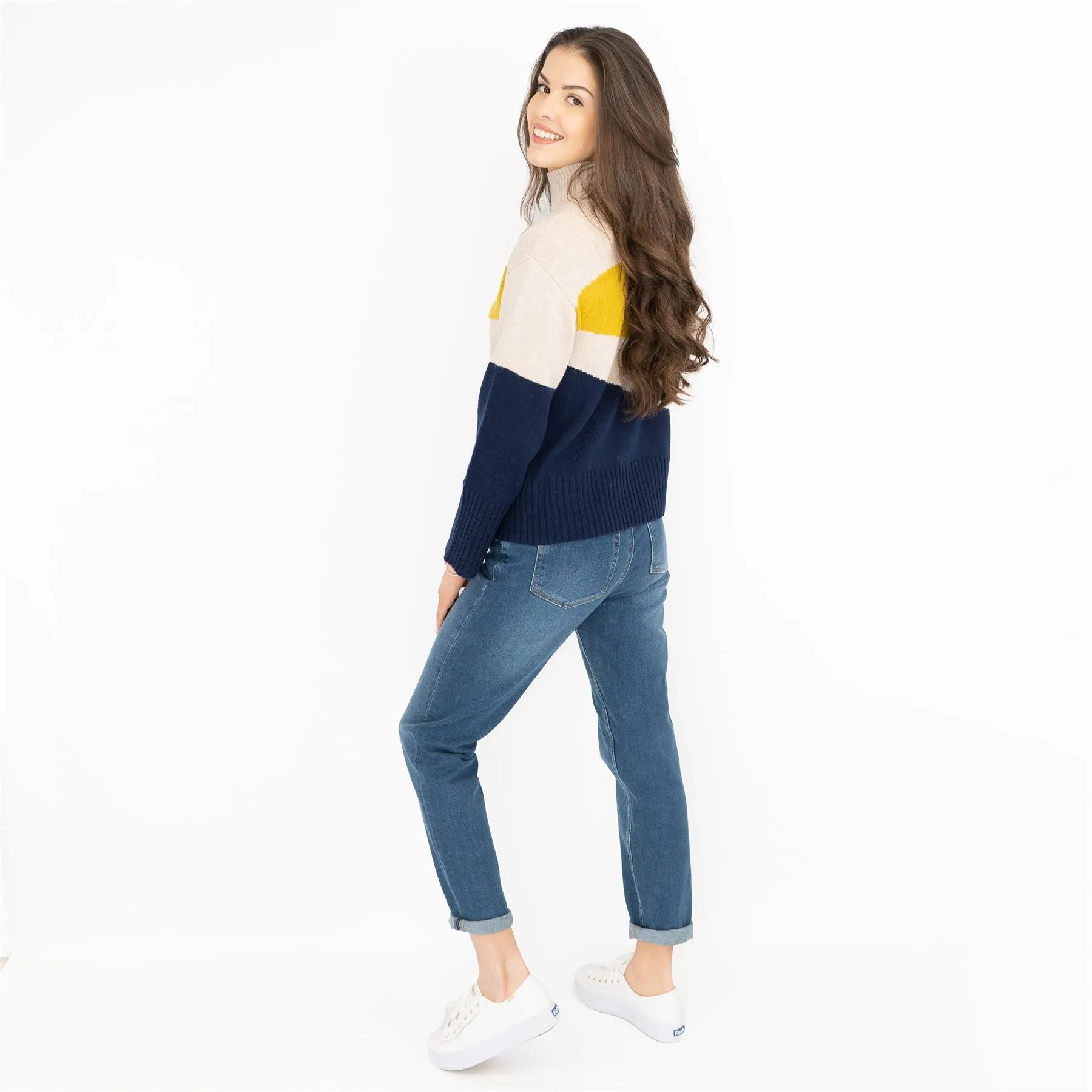 M&S Colour Block Funnel Neck Wool Blend Jumper