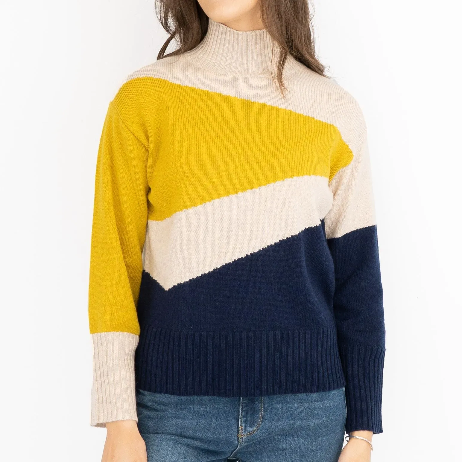 M&S Colour Block Funnel Neck Wool Blend Jumper