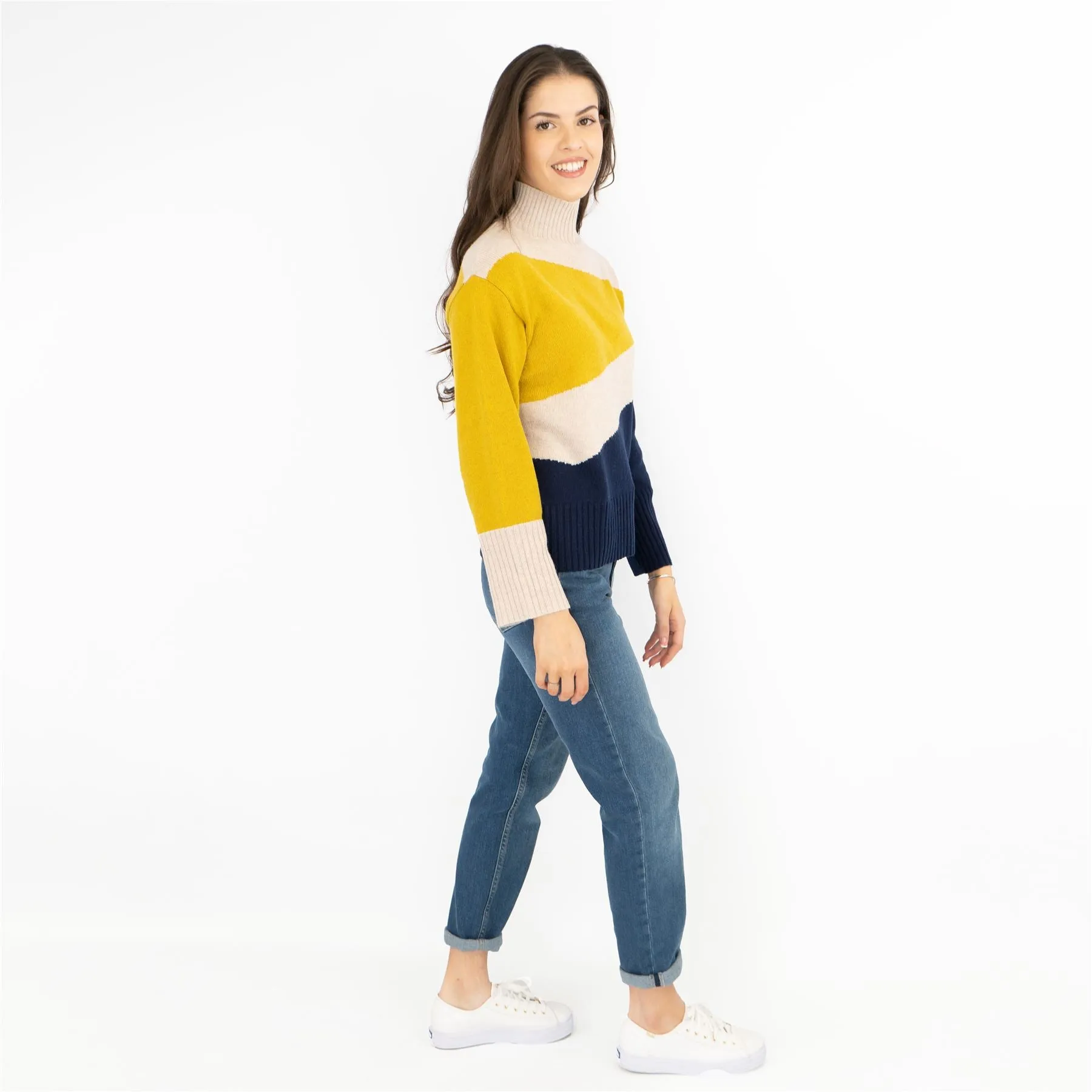M&S Colour Block Funnel Neck Wool Blend Jumper