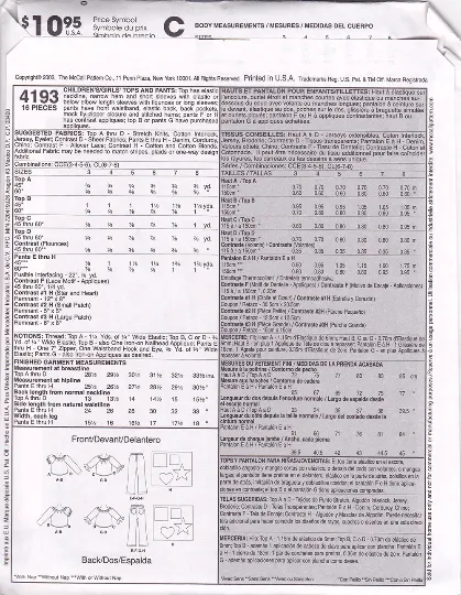 McCalls 4193 Sewing Pattern - Girls Flares and Peasant Tops