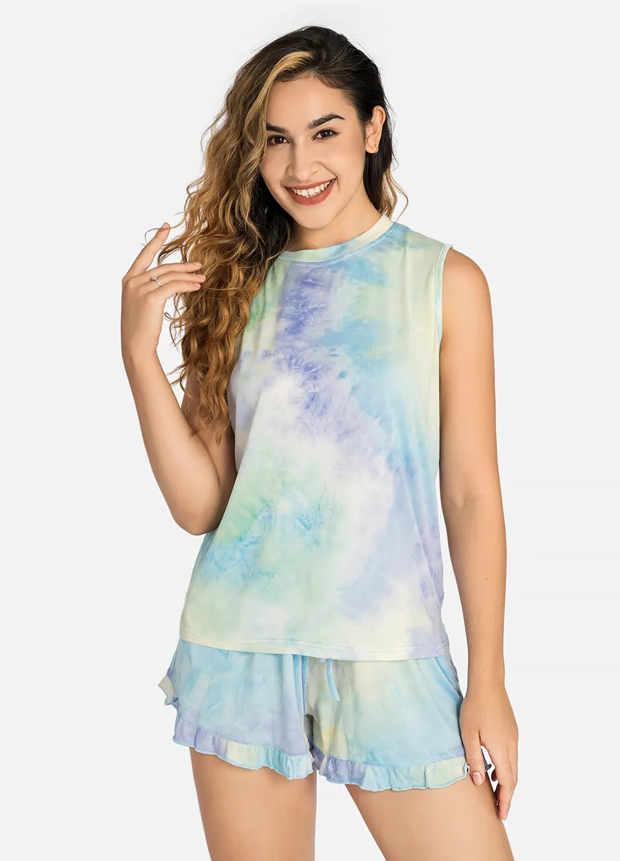MECALA Women's Sleeveless Tie Dye Tank Tops&Ruffle Hem Shorts Pajama 2 Piece Sets (Clearance)