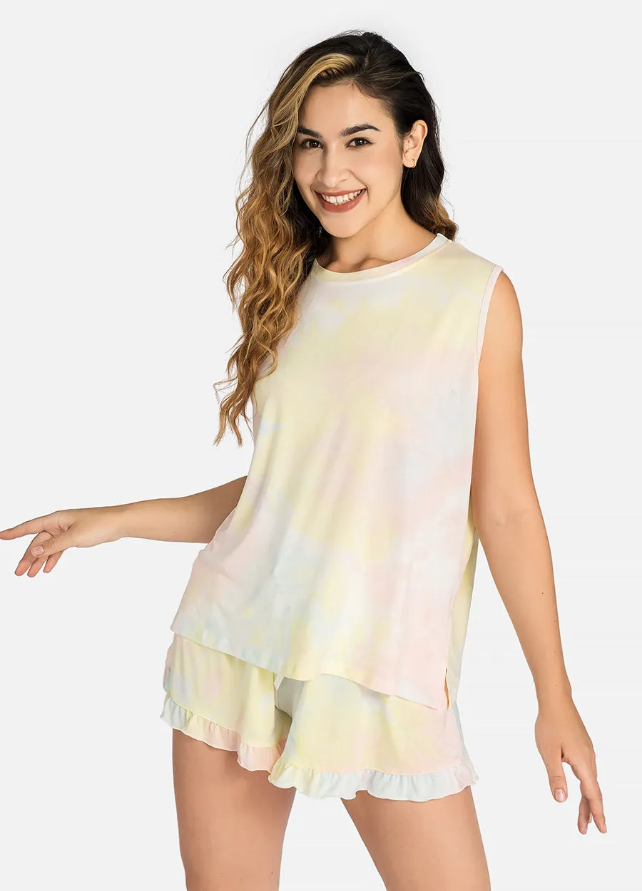 MECALA Women's Sleeveless Tie Dye Tank Tops&Ruffle Hem Shorts Pajama 2 Piece Sets (Clearance)