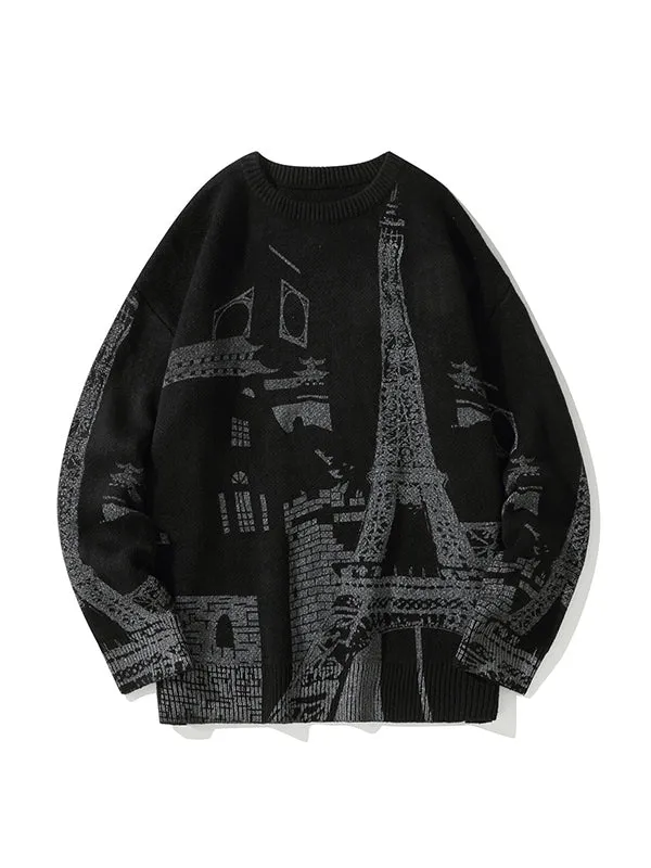 Men's Retro Iron Tower Print Knitted Sweater