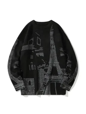 Men's Retro Iron Tower Print Knitted Sweater
