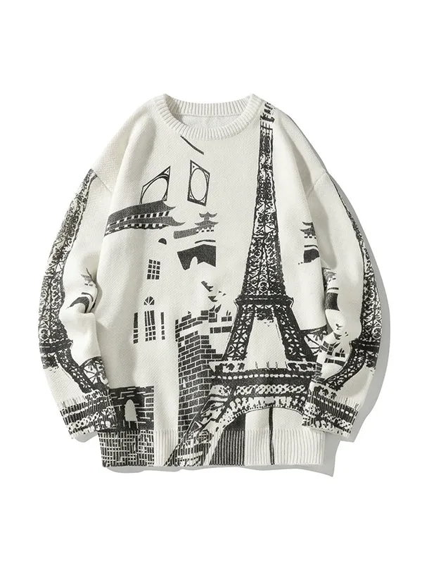 Men's Retro Iron Tower Print Knitted Sweater