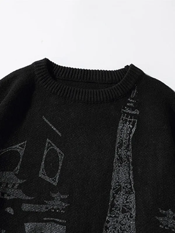 Men's Retro Iron Tower Print Knitted Sweater